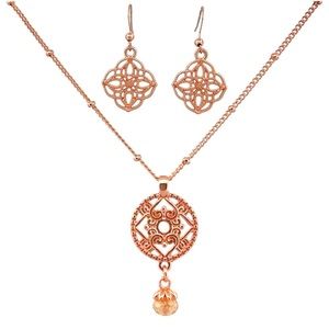 Matching Mandala Necklace & Earrings Rose Gold/Copper Tone Filigree Jewelry Set